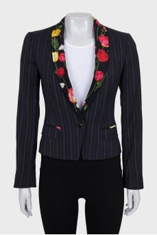 Cropped jacket with floral print on lapels