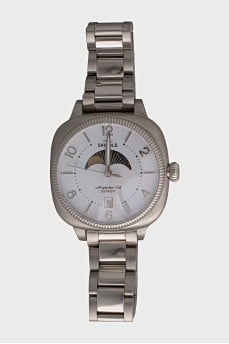 Silver watch with tag