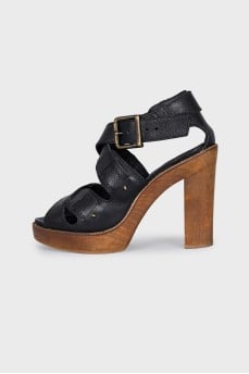 Black leather heeled sandals
