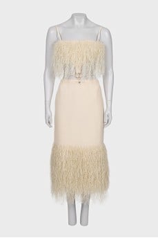 Raffia fringed top and skirt suit