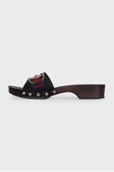 Textile mules with wooden soles
