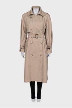 Beige double-breasted trench coat with belt