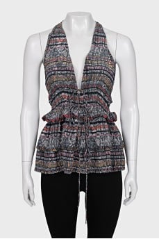 Animal print silk tie-up top