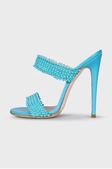 Leather mules with woven uppers