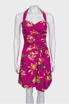Printed dress with gathers at the front