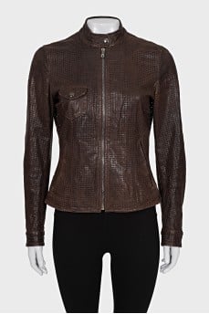 Fitted leather jacket with perforations