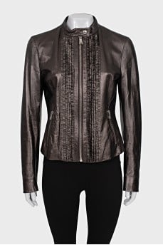Brown leather jacket with ruffles