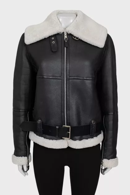 Leather sheepskin coat with belt