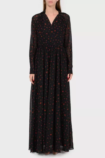 Floor-length silk dress with floral print