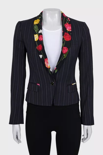 Cropped jacket with floral print on lapels