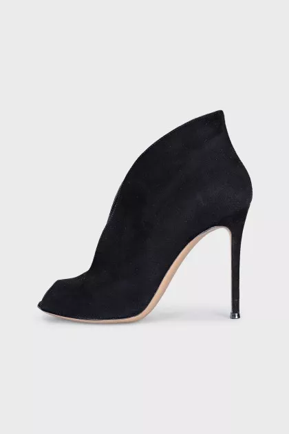Black suede open toe ankle boots