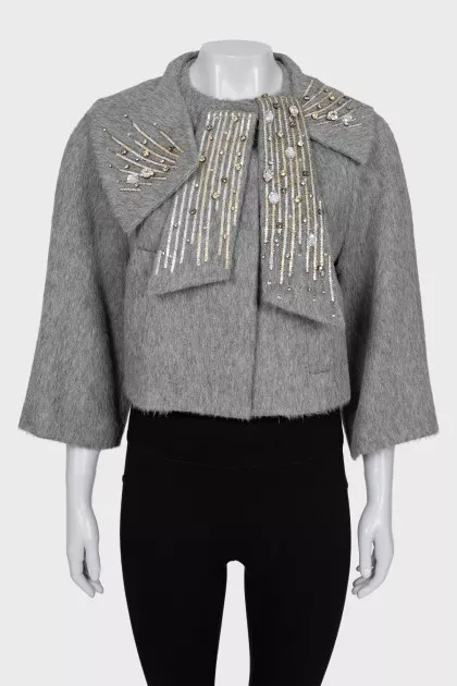 Cropped alpaca and wool coat with crystals