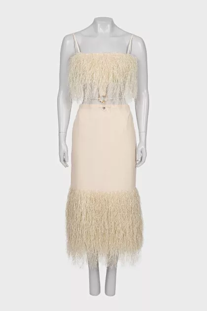 Raffia fringed top and skirt suit