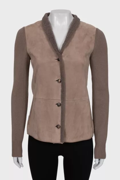 Leather and cashmere button-down cardigan