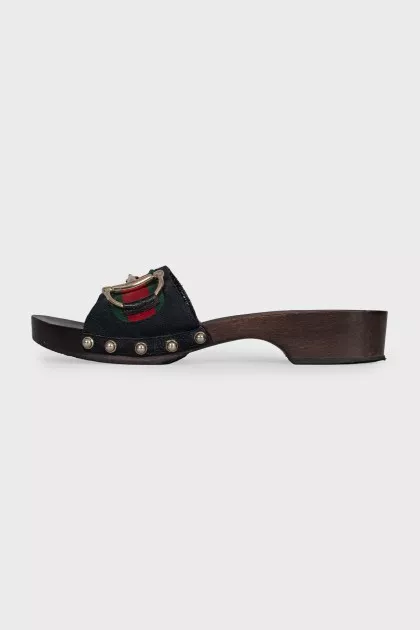Textile mules with wooden soles