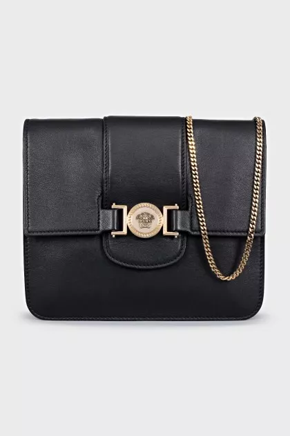 Leather bag with chain and logo