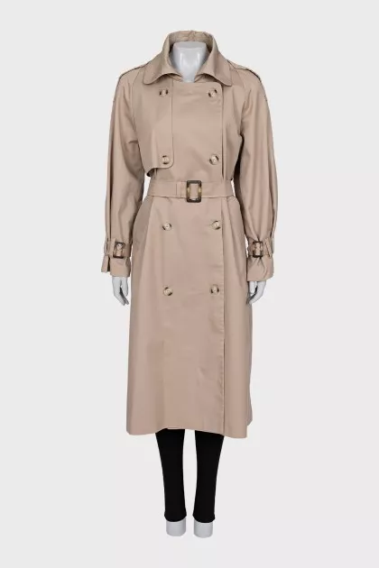Beige double-breasted trench coat with belt