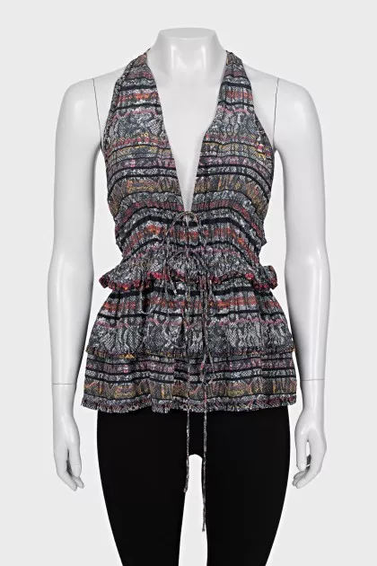 Animal print silk tie-up top