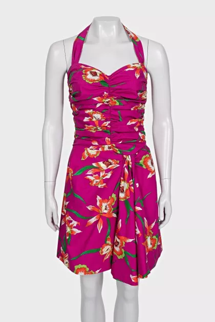 Printed dress with gathers at the front