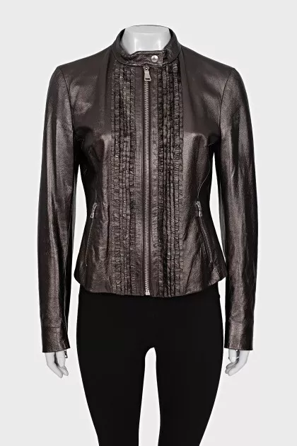 Brown leather jacket with ruffles