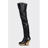 Leather over-the-knee boots with a gold wedge heel