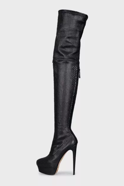 Textured leather over-the-knee boots with heels