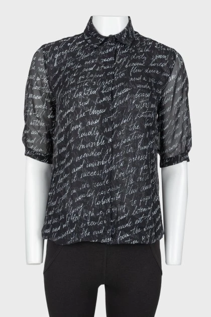 Translucent blouse text print shirt