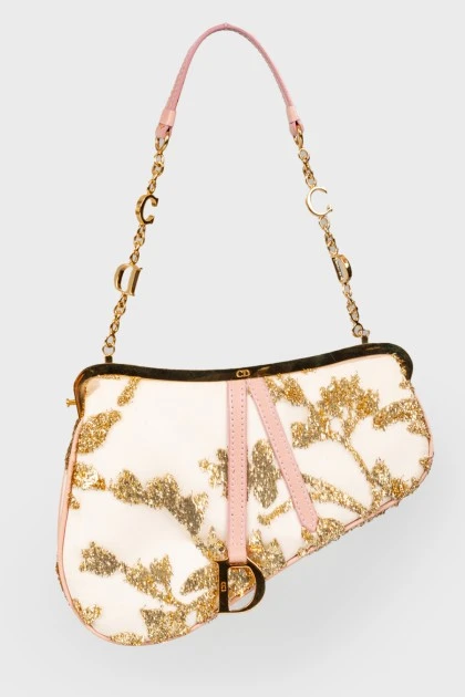 Сумка Dior Gold/Pink Embroidered Satin Limited Edition 0226 Mini Saddle Bag