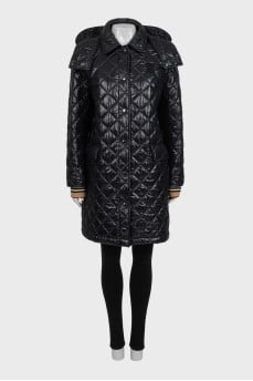 Black quilted straight-cut coat with logo