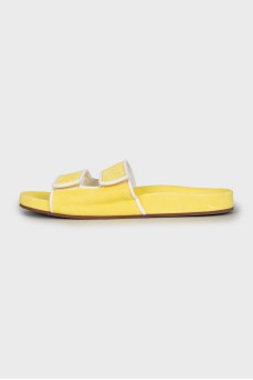Yellow suede flip flops