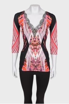 Abstract print and lace blouse