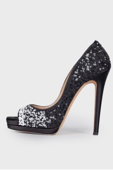 Sequin peep toe pumps