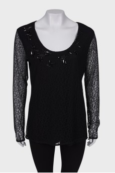 Black Lace Scoop Neck Blouse
