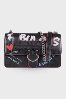 Printed black leather bag