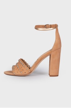 Suede sandals with golden rhinestones