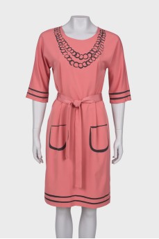 Pink printed dress with belt