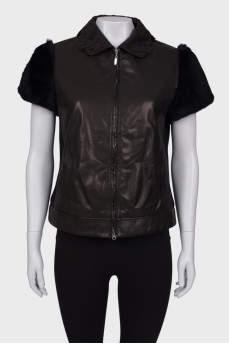 Leather vest with fur sleeves