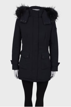 Black and blue down jacket with a hood