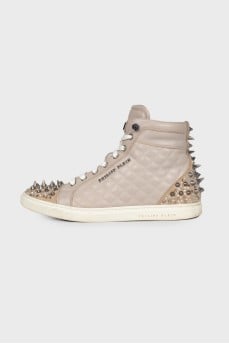 Leather sneakers with studs and rhinestones