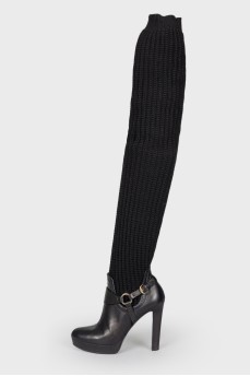 Leather over the knee boots with knitted top