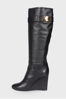 Black leather wedge boots