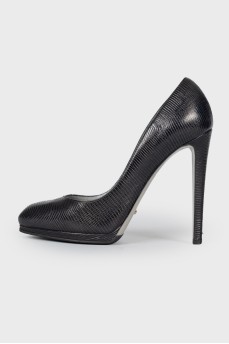 Black leather embossed heels 