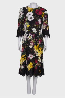 Printed silk dress with lace inserts