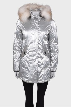 Silver parka with fur on the hood with a tag
