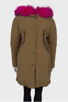 Green parka with pink fur with tag