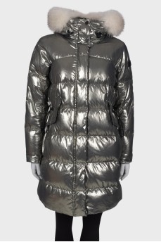 Silver down jacket with a hood
