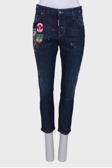Navy blue jeans with patches