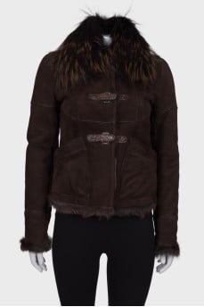 Dark brown sheepskin coat with fur on the collar