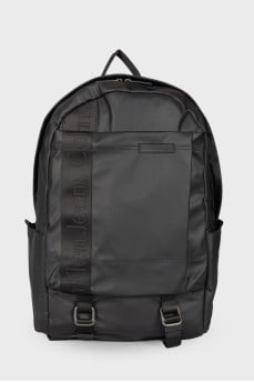 Black backpack with brand logo