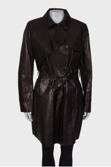 Dark brown leather trench coat